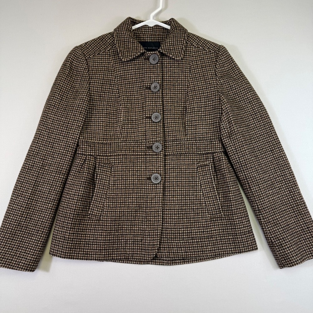 Banana Republic Peacoat Womens 4 Brown Houndstooth Linen Wool Blend Pleated EUC